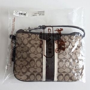 Coach Signature Stripe Logo Small Wristlet Wallet Khaki & Mahogany